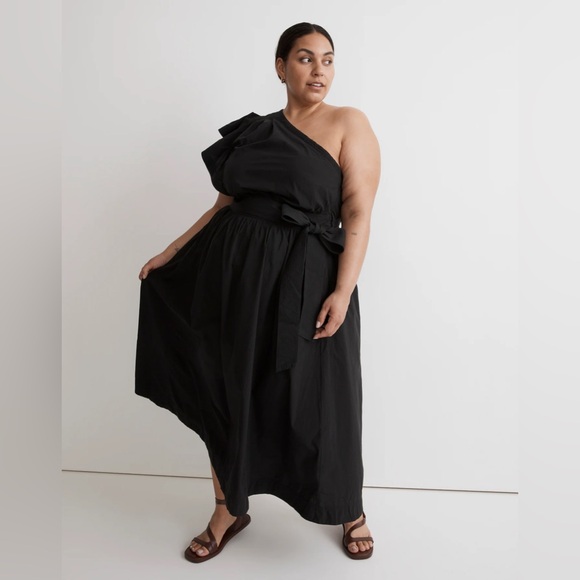 NWT Madewell Plus Ruffled One-Shoulder Midi Dress 18W Tan Khaki - Picture 3 of 6